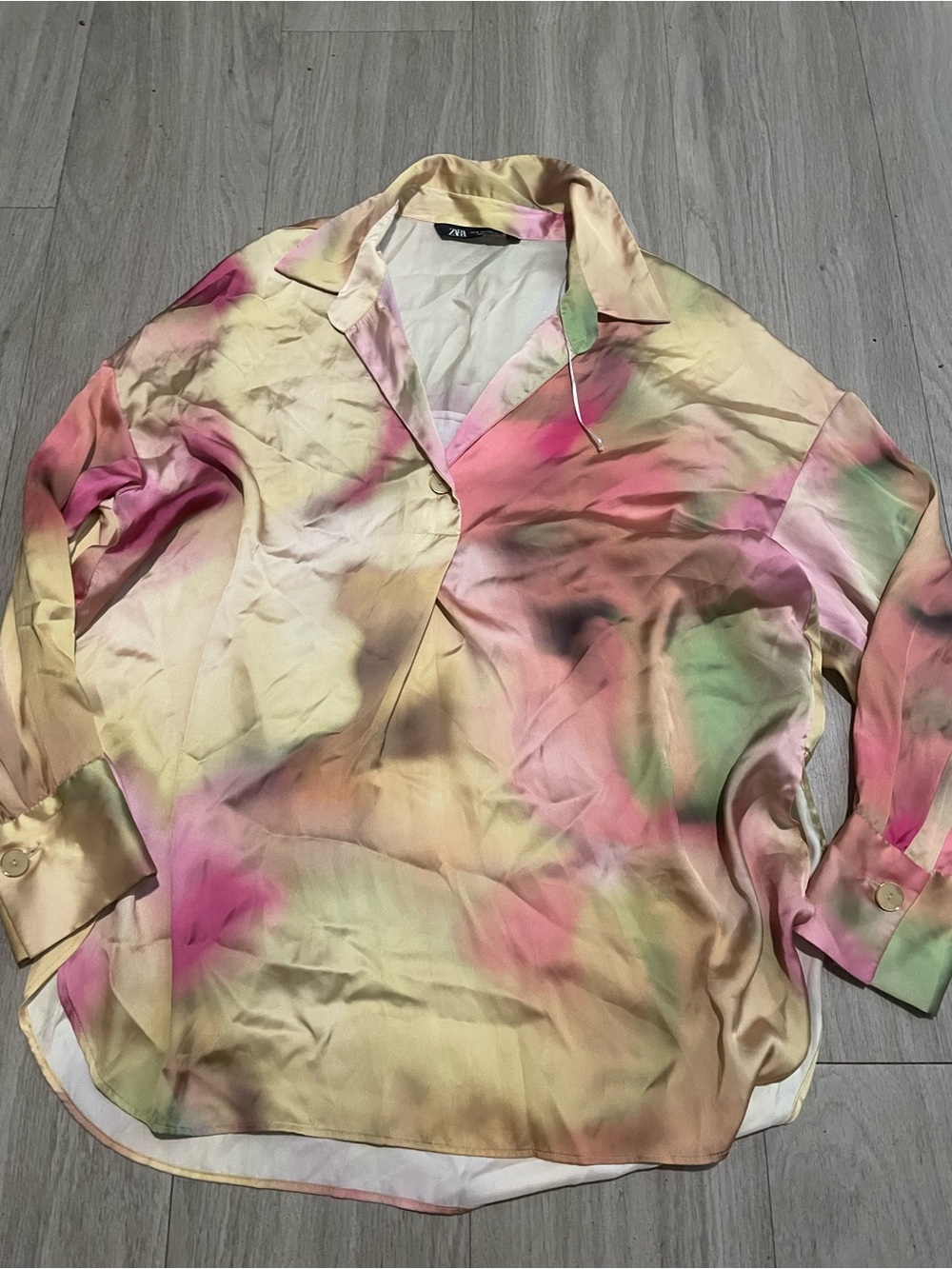 Zara Pastel Multicolor Satin Button-Front Blouse